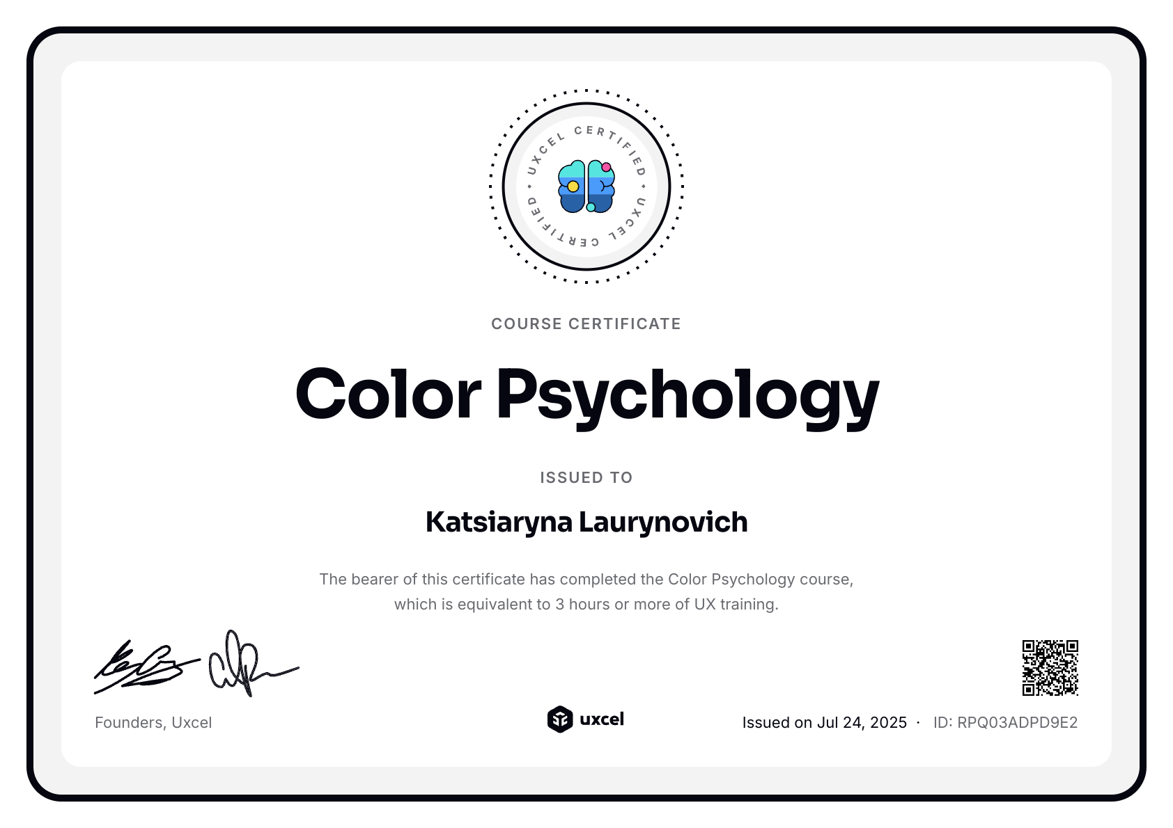Katsiaryna Laurynovich's certificate